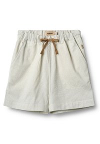 Ljust gröna och vita randiga shorts med elastisk midja, dragsko och sidofickor, tillverkade av mjukt, texturerat tyg.