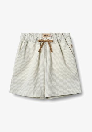 Light green and white striped shorts with an elastic waistband, drawstring, and side pockets, made from soft, textured fabric.