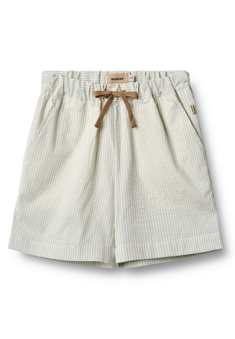 Ljust gröna och vita randiga shorts med elastisk midja, dragsko och sidofickor, tillverkade av mjukt, texturerat tyg.