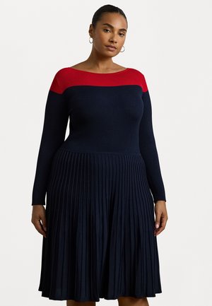 Lauren Ralph Lauren Woman TWO TONE POINTELLE KNIT DRESS - Gebreide jurk - navy/festive red