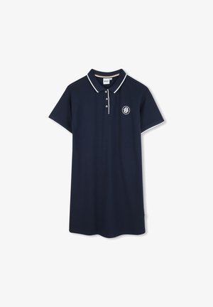 Polo shirt blu navy realizzato in cotone, con colletto bianco e rifiniture sulle maniche, chiusura con tre bottoni e logo ricamato circolare.