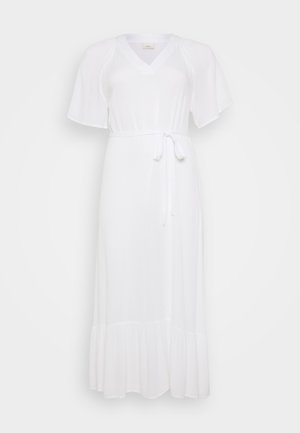 Weißes Midi-Kleid mit V-Ausschnitt, kurzen, schwingenden Ärmeln, einem Bindegürtel in der Taille und einem ausgestellten Saum mit Rüschendetails. Leichtes Material.