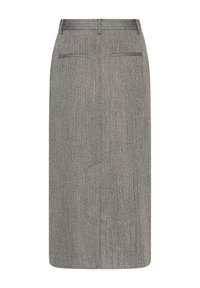 Jupe crayon grise à motif chevrons, longueur genoux, avec passants de ceinture et deux poches arrière passepoilées.