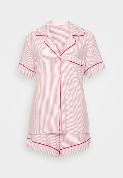 Short-sleeve red and white striped pajama set featuring a notched collar, button front, pocket, and matching shorts with trim.