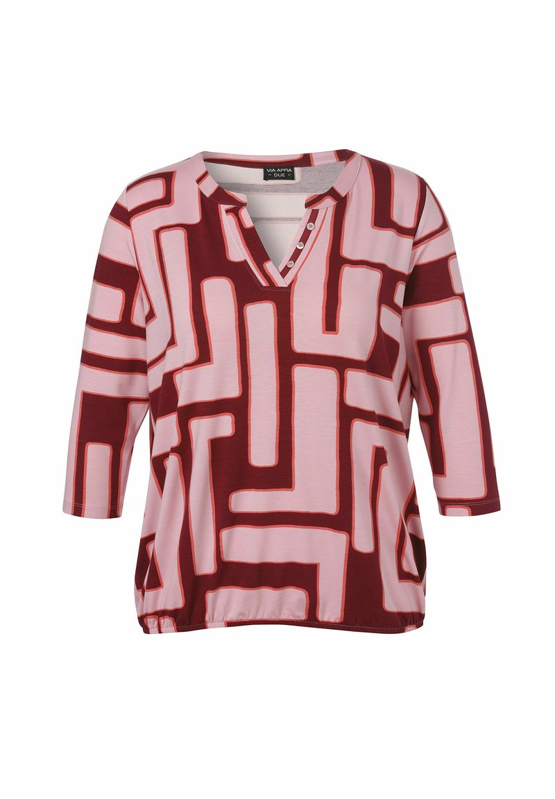 Rote und rosa Tunika mit abstraktem geometrischem Muster, V-Ausschnitt, Dreiviertelärmeln und Knopfdetails auf der Vorderseite. Weicher Stoff.