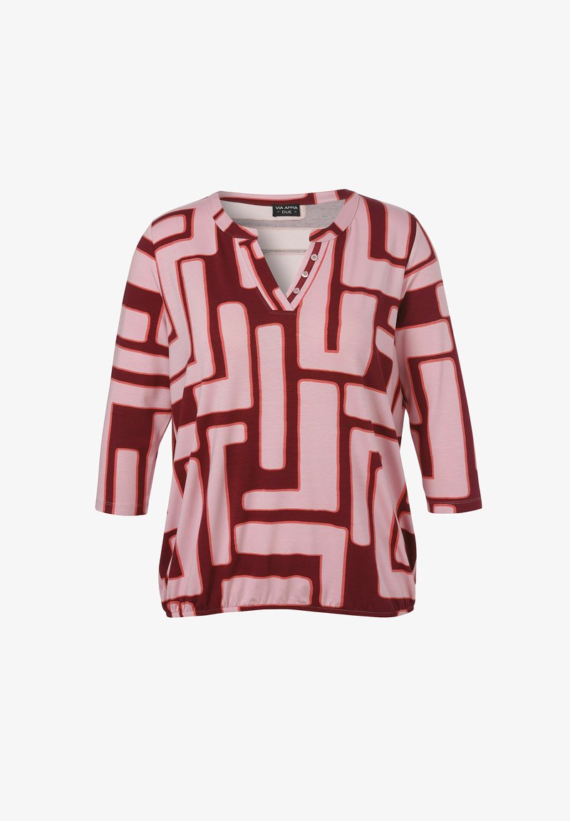 Rote und rosa Tunika mit abstraktem geometrischem Muster, V-Ausschnitt, Dreiviertelärmeln und Knopfdetails auf der Vorderseite. Weicher Stoff.