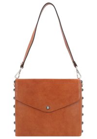 Borsa a mano in pelle marrone con design a busta, dotata di hardware in argento e dettagli decorativi in borchie lungo un lato. Include una tracolla regolabile.