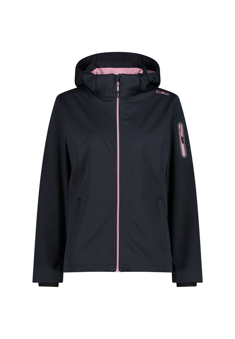 Vandafvisende softshelljakke med mørk navy farve, pink lynlås, høj krave, justerbar hætte og en sidelomme med lynlås.