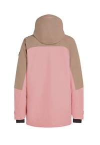 Rosa und braune wasserdichte Jacke mit Kapuze, Farbblockdesign, elastischen Bündchen und Logo auf der Rückseite. Glatte Textur.