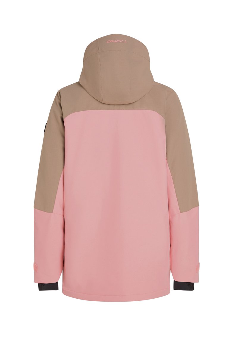 Roze en bruin waterdichte jas met capuchon, met een kleurblokontwerp, elastische manchetten en een logo op de achterkant. Glad van structuur.