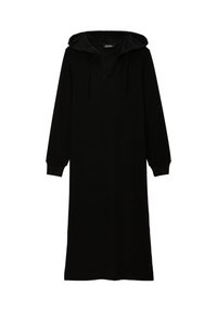 Robe noire à manches longues avec capuche, présentant un décolleté en V et des poignets élastiques, fabriquée dans un tissu doux adapté à un usage décontracté.