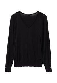 Schwarzer Pullover mit langen Ärmeln aus weichem Material, mit einem V-Ausschnitt, strukturierten Schulterakzenten und Knopfdetails an den Manschetten.