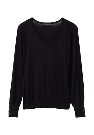 Black long-sleeve sweater in a soft fabric, featuring a V-neck design, textured shoulder accents, and button details at the cuffs.