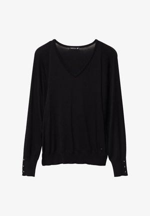 Maglione nero a maniche lunghe in un tessuto morbido, con scollatura a V, dettagli testurizzati sulle spalle e bottoni ai polsini.