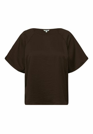 Tumepruun lühikeste varrukatega pluus ümmarguse kaelusega ja lõdva lõikega, valgel taustal.