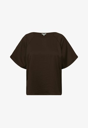 Tumepruun lühikeste varrukatega pluus ümmarguse kaelusega ja lõdva lõikega, valgel taustal.