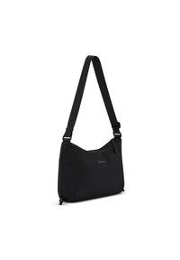 Borsa a tracolla nera realizzata in tessuto liscio, dotata di una lunga tracolla regolabile, chiusura con zip e un logo sottile sul fronte. Design minimalista.