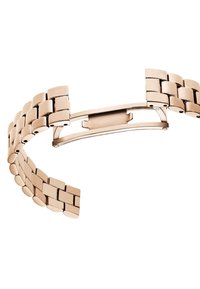 Bracelet de montre en métal rose gold avec des maillons entrecroisés, texture lisse et mécanisme de fermoir. Forme courbée, design flexible.