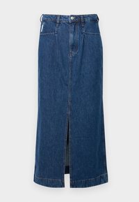 Denim midi skirt in dark blue, featuring a front slit, five-pocket design, and belt loops at the waist. Smooth, sturdy texture.