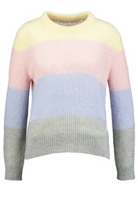 Gebreide trui met gele, roze, lavendel en grijze horizontale strepen; ronde hals; zachte textuur; lange mouwen; ontspannen pasvorm.