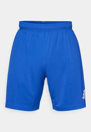 Blauwe sportshorts met elastische tailleband en een klein wit logo op het onderste gedeelte van het rechterbeen tegen een witte achtergrond.