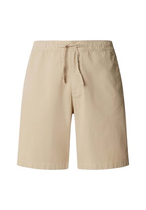 Beżowe szorty do kolan z elastycznym pasem i sznurkiem, jednolity wzór, bez widocznych logo ani wzorów, widok z przodu.