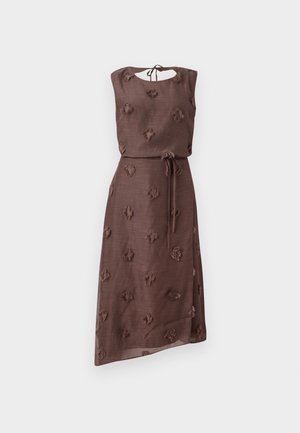 Brown dress made of textured fabric featuring embroidered floral patterns, a round neckline with a back tie, and a cinched waist with a belt.