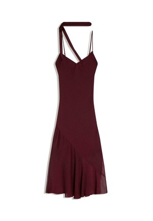 Sleeveless dark burgundy dress with asymmetrical hem, thin and wide straps crossing at the neckline, and a fitted bodice.