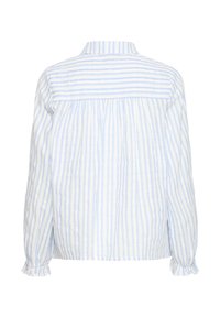 Pitkähihaista paitaa, jossa on vaaleansinisiä ja valkoisia pystysuoria raidoituksia, kerättyä kangasta kauluksen alapuolella ja röyhelöhihoja.