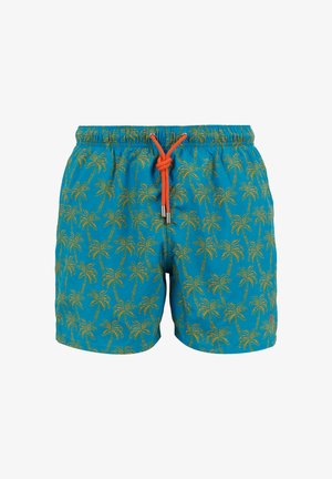 Costume da bagno turchese con vita elastica, cordino arancione e motivo giallo di palme sul davanti. Materiale leggero e resistente all'acqua.