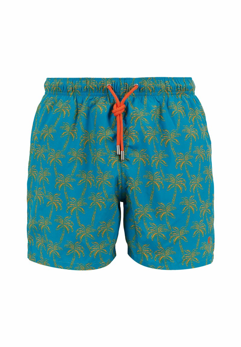 Costume da bagno turchese con vita elastica, cordino arancione e motivo giallo di palme sul davanti. Materiale leggero e resistente all'acqua.