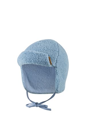 Light blue sherpa fleece winter hat with ear flaps and tied chin straps designed for warmth and comfort.