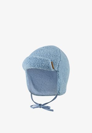 Light blue sherpa fleece winter hat with ear flaps and tied chin straps designed for warmth and comfort.