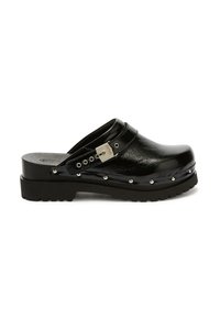 Black patent leather clog with studded trim, silver buckle strap, and thick ridged sole, left side view on white background.