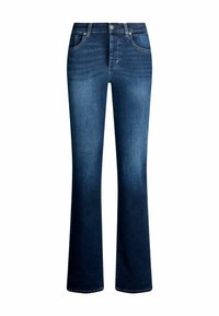 Tumed denim püksid laiendatud säärtega, tumedat sinist värvi, viie taskuga, tavaline vöökoht ja nööbiga sulgemine.