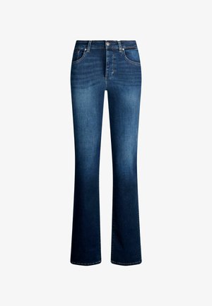 Dżinsy z rozszerzanymi nogawkami, ciemnoniebieskie, pięć kieszeni, standardowy pas i zapięcie na guzik.