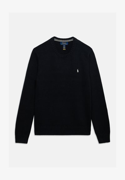 Pull en maille noir à manches longues, col rond avec petit logo blanc Polo Ralph Lauren sur le côté gauche de la poitrine.