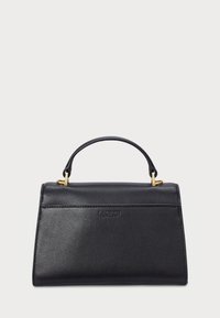 Black leather handbag with a structured design, top handle, gold hardware accents, and embossed branding on the front.