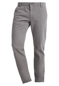 Šedé bavlněné kalhoty s úzkým střihem, vybavené zipovým zapínáním, předními kapsami a čistým designem bez vzorů či ozdob.