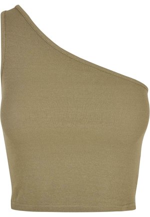 Top corto asimétrico verde oliva hecho de tela acanalada, con una sola tira para el hombro y un diseño ajustado.