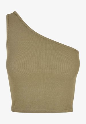 Top court asymétrique en olive, fabriqué en tissu côtelé, avec une seule bretelle et un design ajusté.