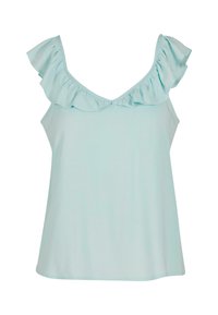 Ljusblå ärmlös topp med V-hals och volangdetaljer på axlarna. Slät tyg med en avslappnad passform. Inga synliga mönster eller detaljer.