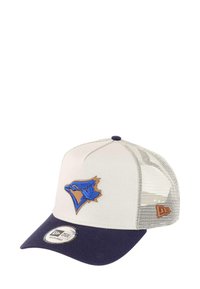 Adjustable baseball cap with a cream front, navy visor, mesh sides, and a blue and brown embroidered logo of a bird and maple leaf.
