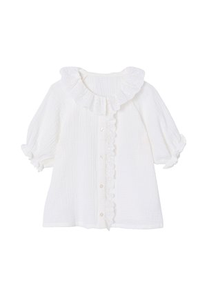 Weiße Babybluse mit gerüschtem Lochstickkragen und Knopfleiste, Puffärmel mit gerafften Bündchen.