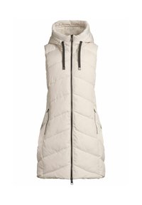 Gilet sans manches matelassé en blanc cassé avec fermeture éclair sur le devant, capuche haute, cordons noirs et poches latérales zippées.