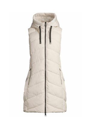Ärmellose gepolsterte Weste in Off-White mit einem Vorderreißverschluss, hohem Kragen mit Kapuze, schwarzen Kordeln und seitlichen Reißverschlusstaschen.