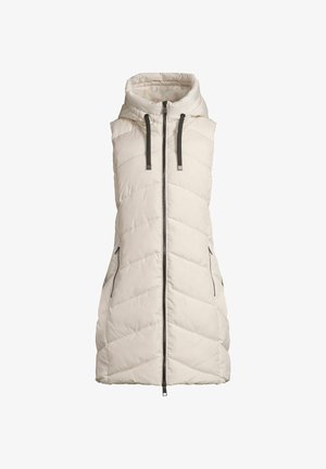 Mouwloos gewatteerd vest in off-white met een ritssluiting aan de voorkant, hoge kraag met capuchon, zwarte trekkoorden en ritszakken aan de zijkanten.