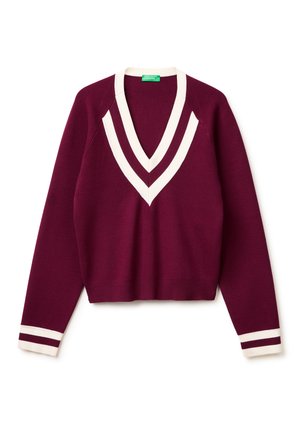Burgundy knit sweater with white V-neck stripes and matching white and burgundy striped cuffs, long sleeves, ribbed waistband.