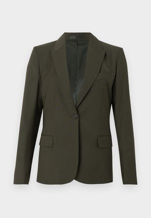 Dunkelgrüner Ein-Knopf-Blazer mit Stegkragen, zwei vorderen Pattentaschen und einer Brustleistentasche, dargestellt auf weißem Hintergrund.