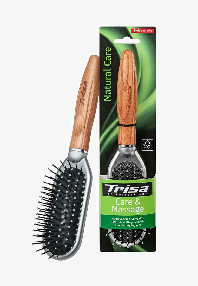 Haarbürste mit Holzgriff, runden Stylingpins, schwarzem Gummiboden und silbernem Metallrahmen. Verpackt mit grünen und schwarzen Grafiken.